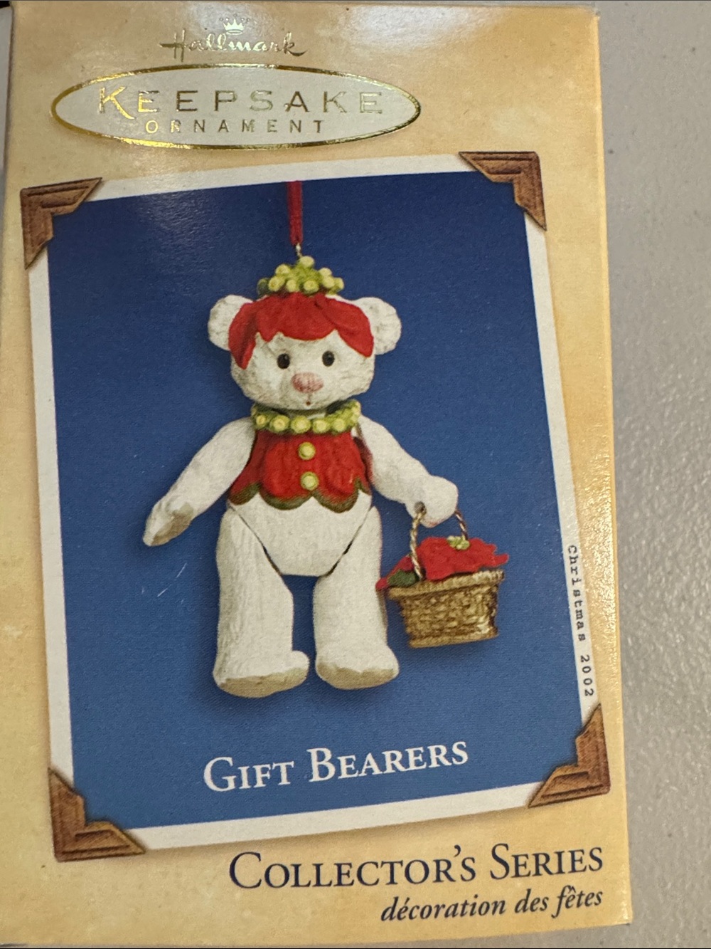 Hallmark White Teddy Bear Christmas Ornament with Red Flower Basket